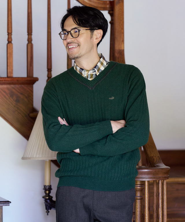 ウール 襟配色 Vネック ニット【手洗いOK】