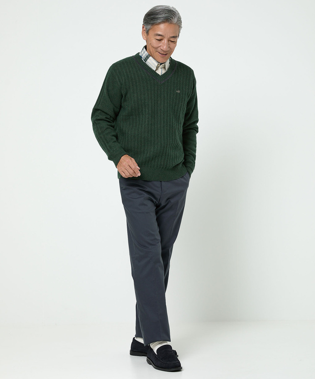 ウール 襟配色 Vネック ニット【手洗いOK】