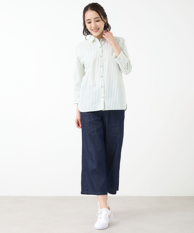 スノーコットン ストライプ 七分袖 シャツ【接触冷感】