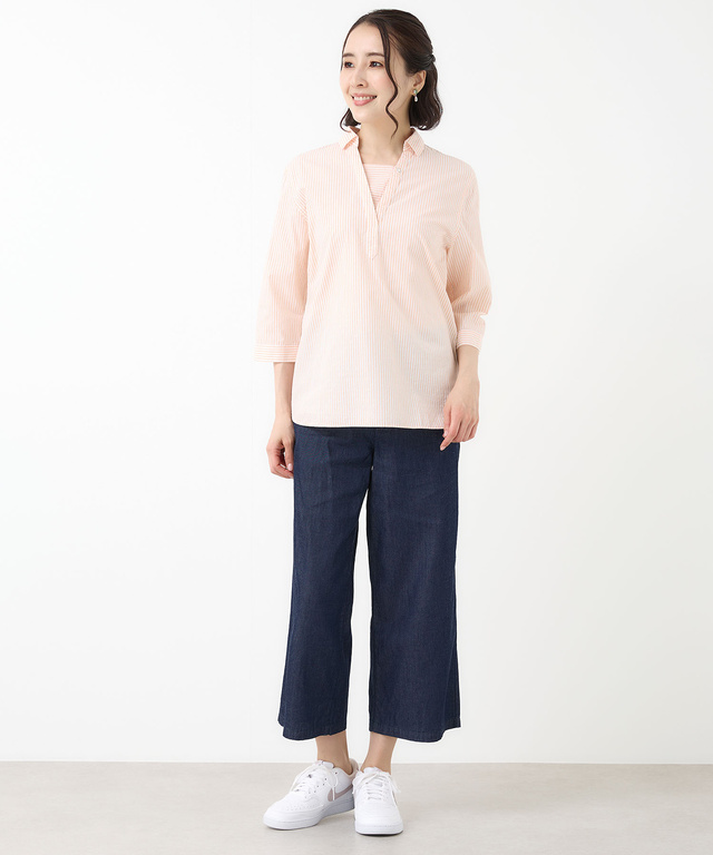 スノーコットン ストライプ スキッパー ブラウス【接触冷感】