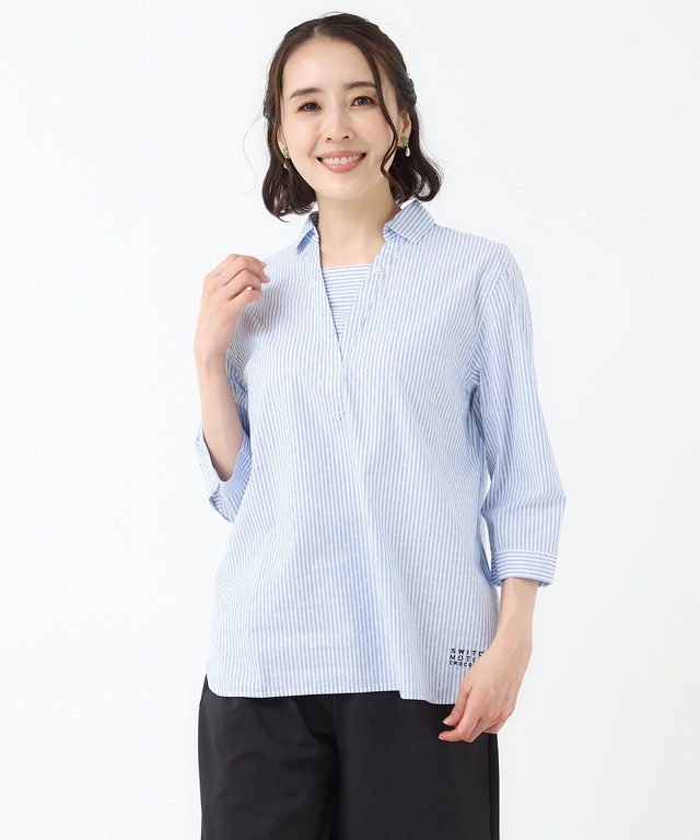 スノーコットン ストライプ スキッパー ブラウス【接触冷感】