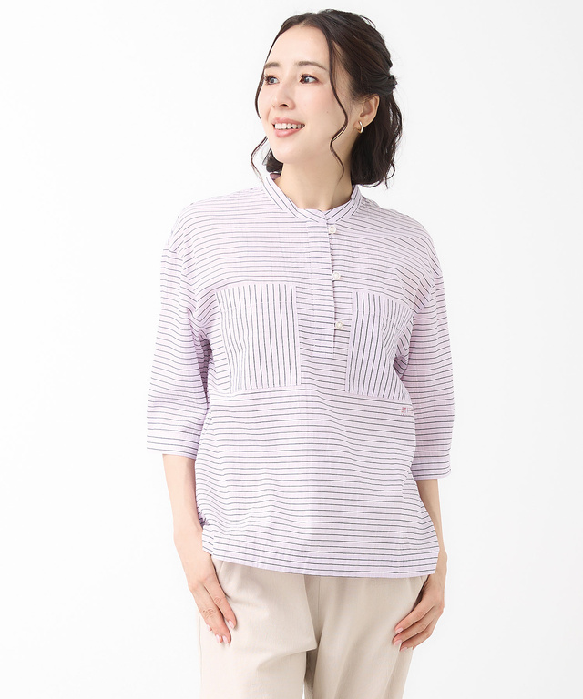 スノーコットン ボーダー プルオーバー ブラウス【接触冷感】