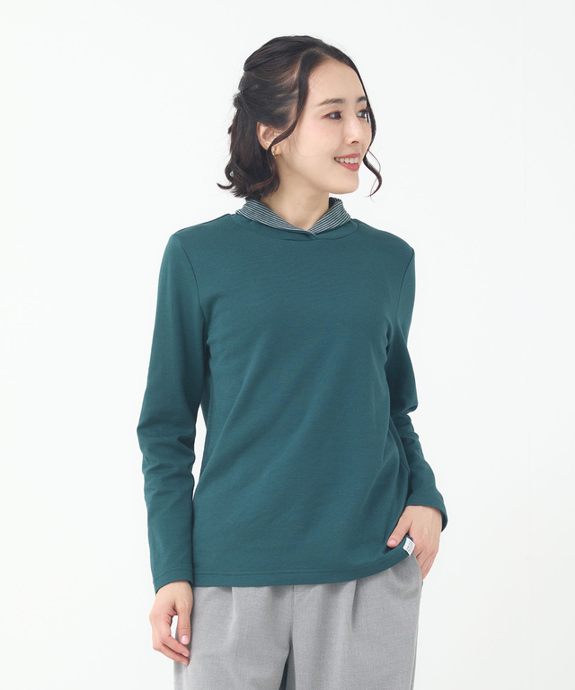  裏ボーダー ハイネック カットソー