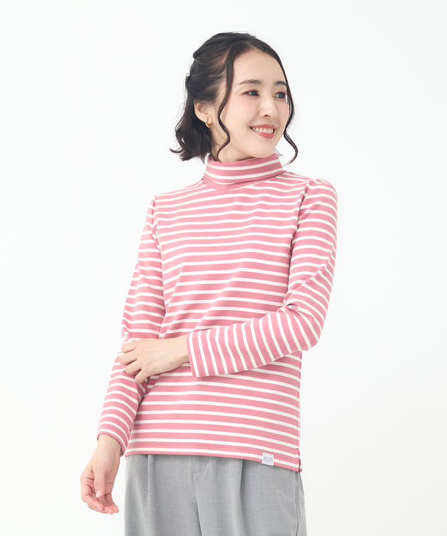 起毛ボーダー タートルネックカットソー