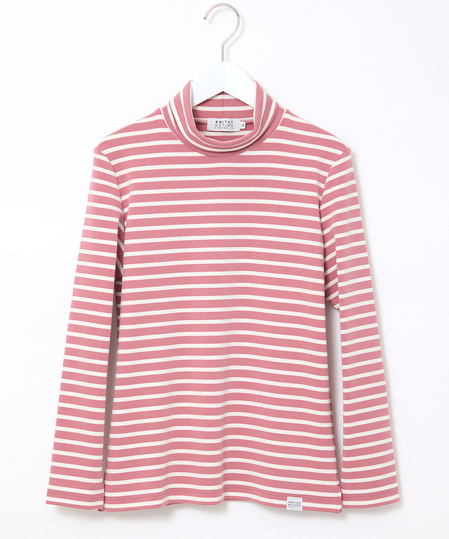 起毛ボーダー タートルネックカットソー