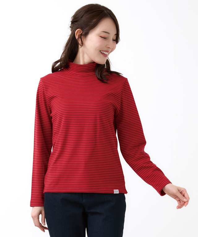 天竺 ボーダー柄 ハイネックカットソー