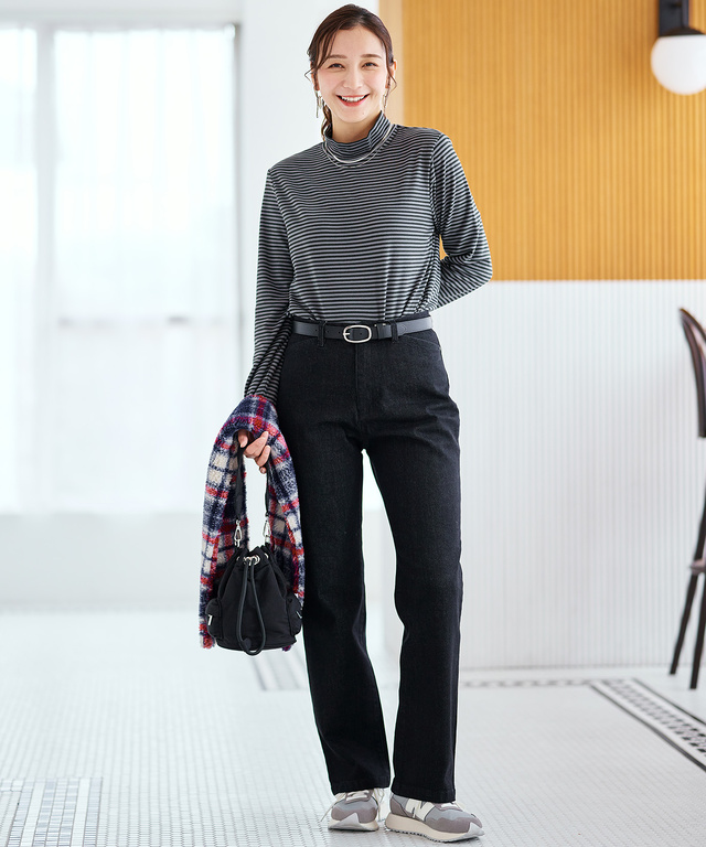 天竺 ボーダー柄 ハイネックカットソー