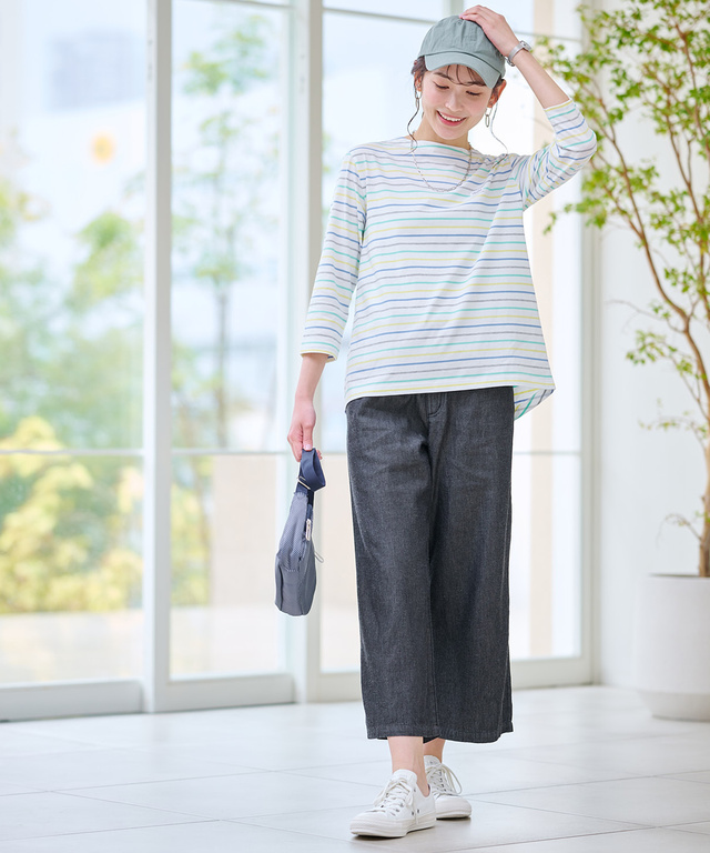 スノーコットン ボーダー 七分袖 Tシャツ【接触冷感】