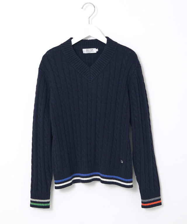 ウールブレンド  ケーブル  Vネック ニット
