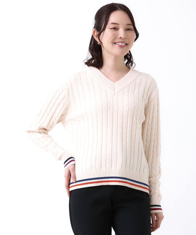 ウールブレンド  ケーブル  Vネック ニット